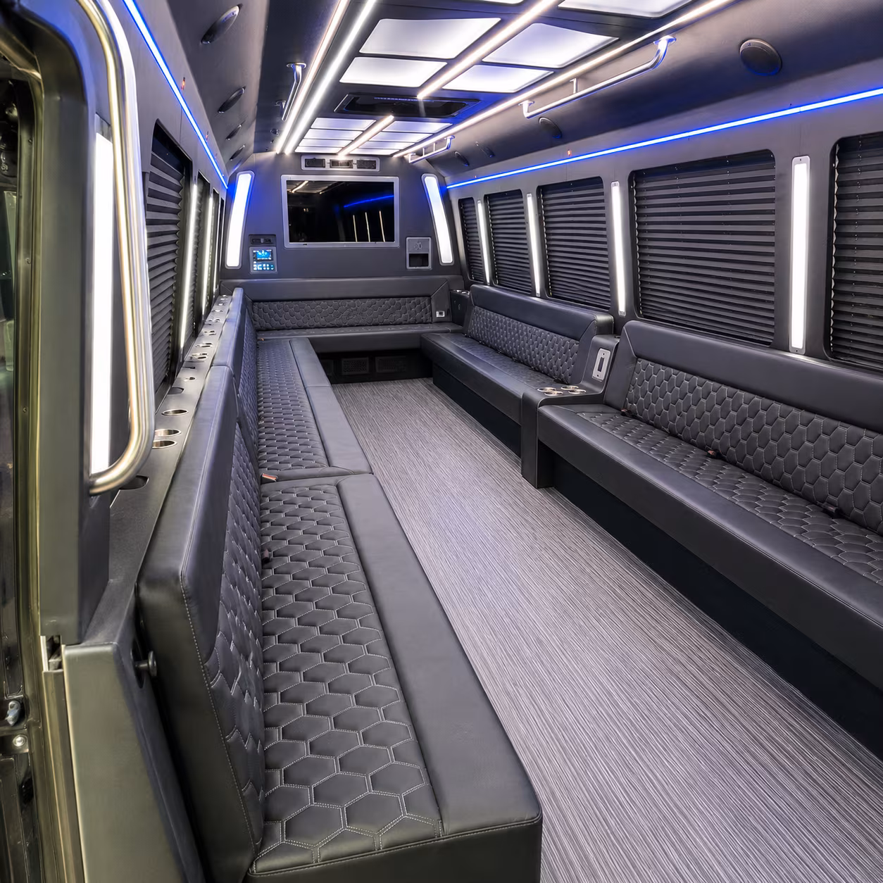 Passenger seating aboard a party bus rental serving Pearland