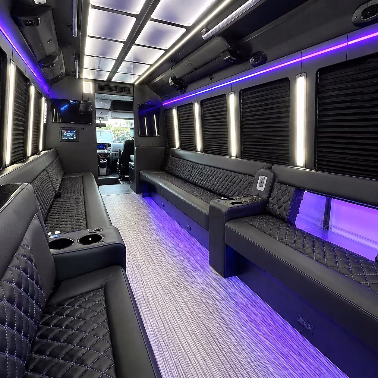 Interior of a party bus rental serving Pearland
